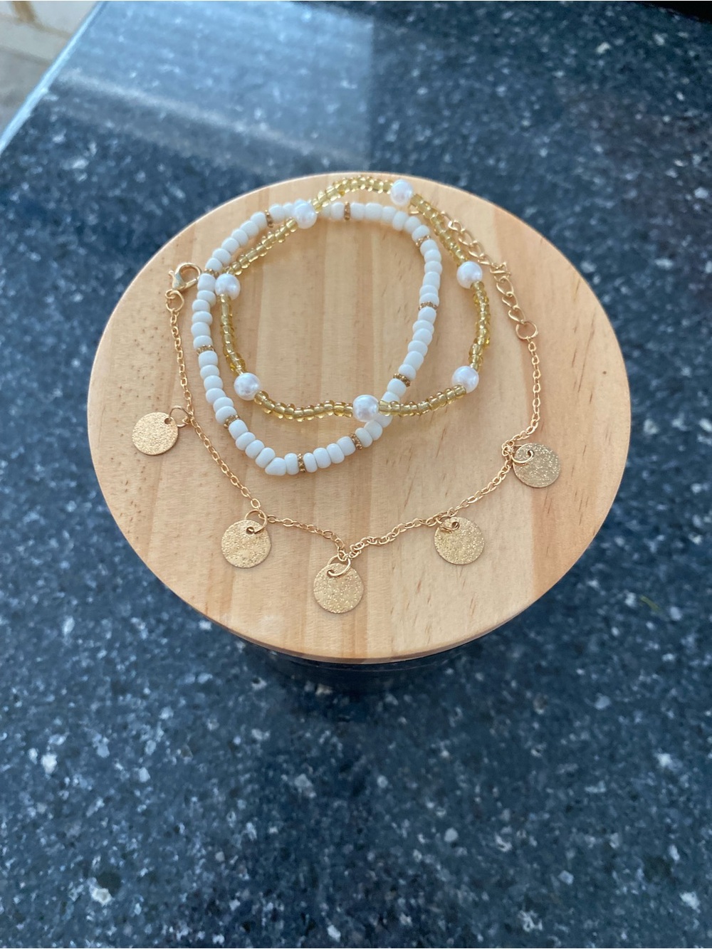 Gold Disc Charm Layered Bracelet Set with White Beads